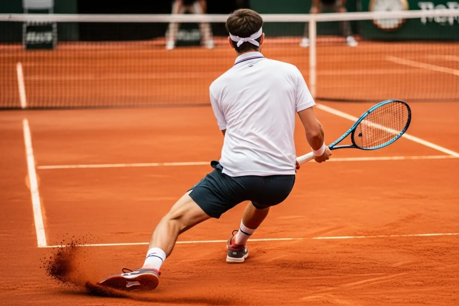 Tennisspieler rutscht auf rotem Sandplatz während eines Ballwechsels bei Roland Garros