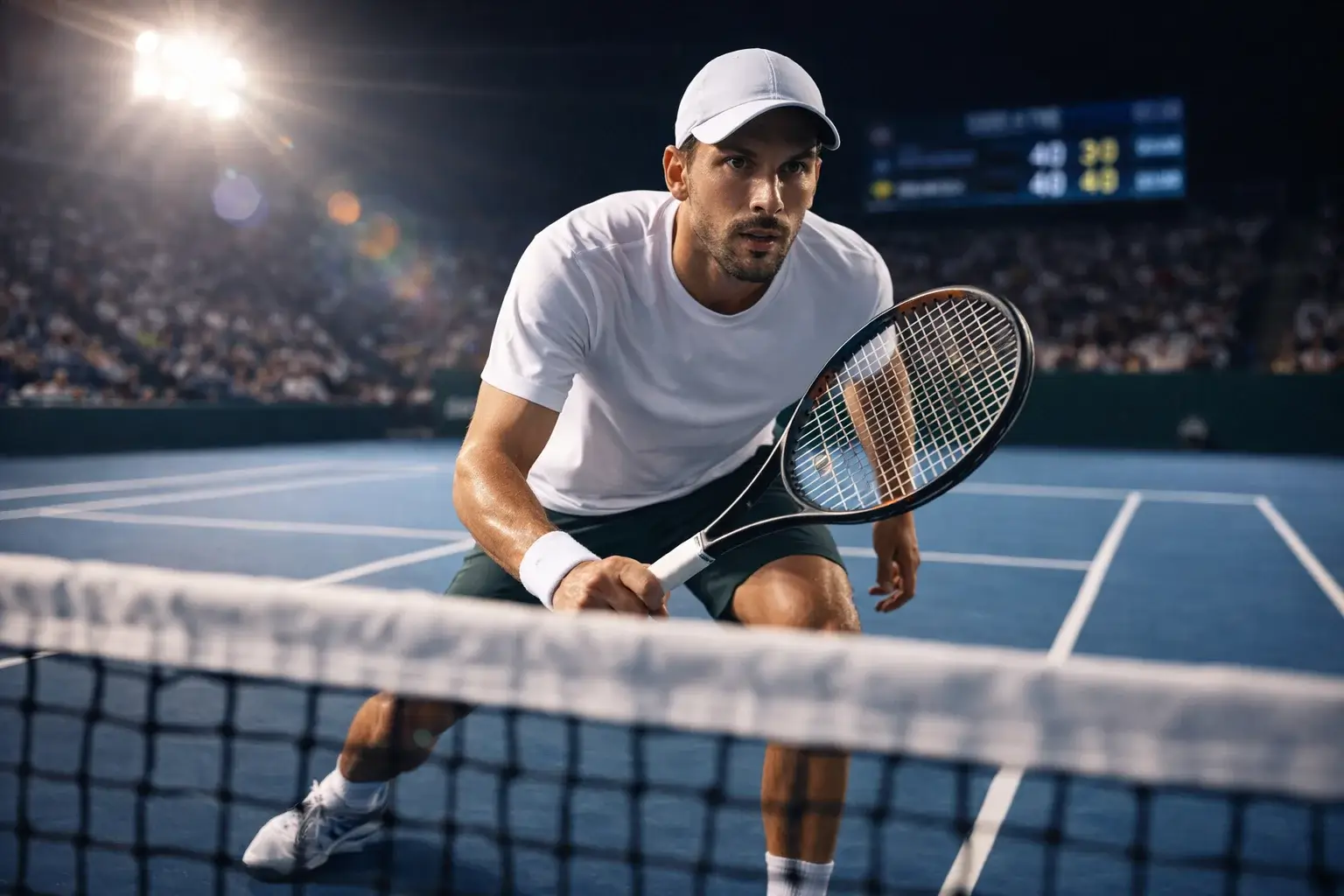 Spannendes Tennismatch mit konzentriertem Spieler am Netz in entscheidender Spielsituation