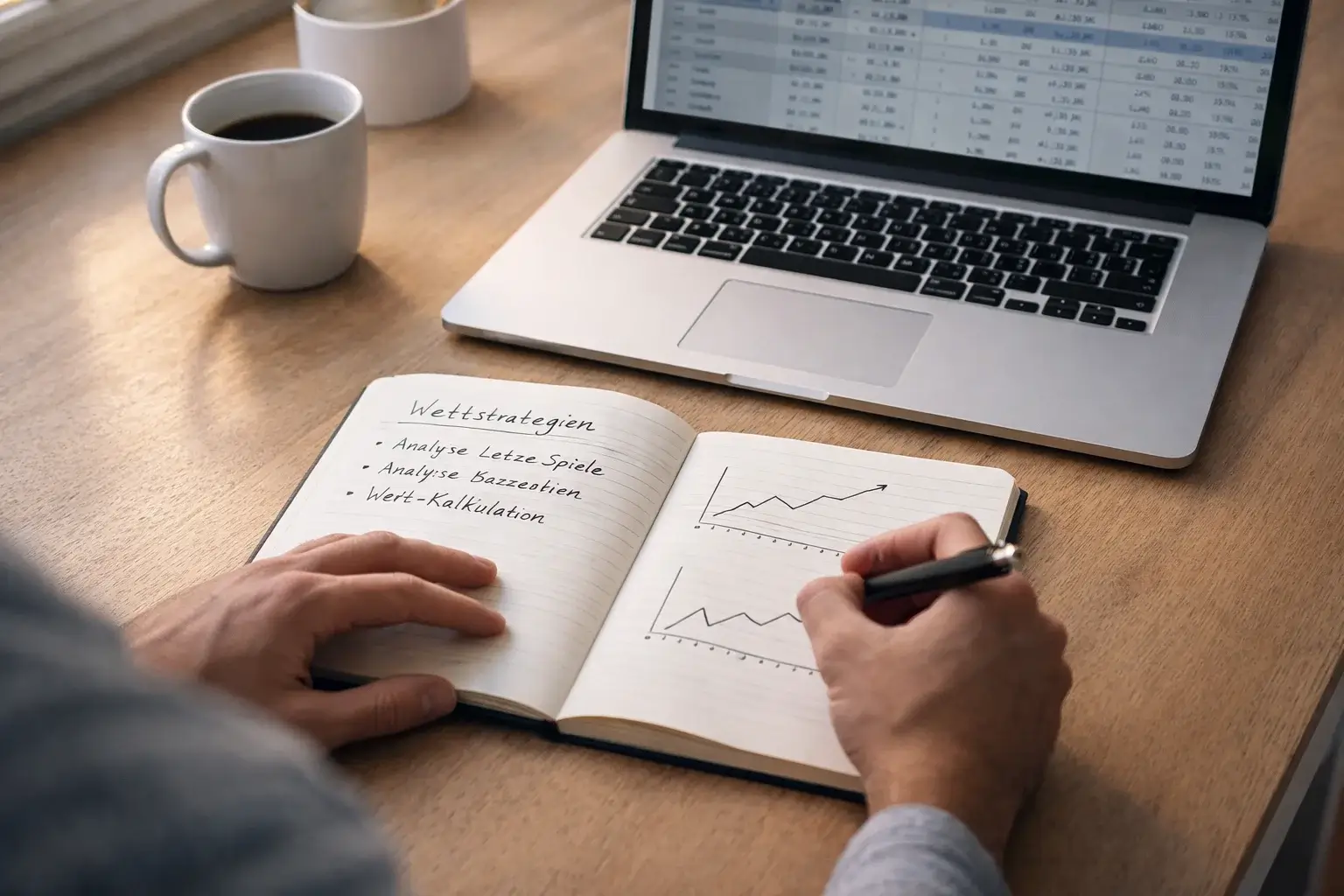 Person plant Wettstrategie mit Notizen und Statistikdaten am Schreibtisch