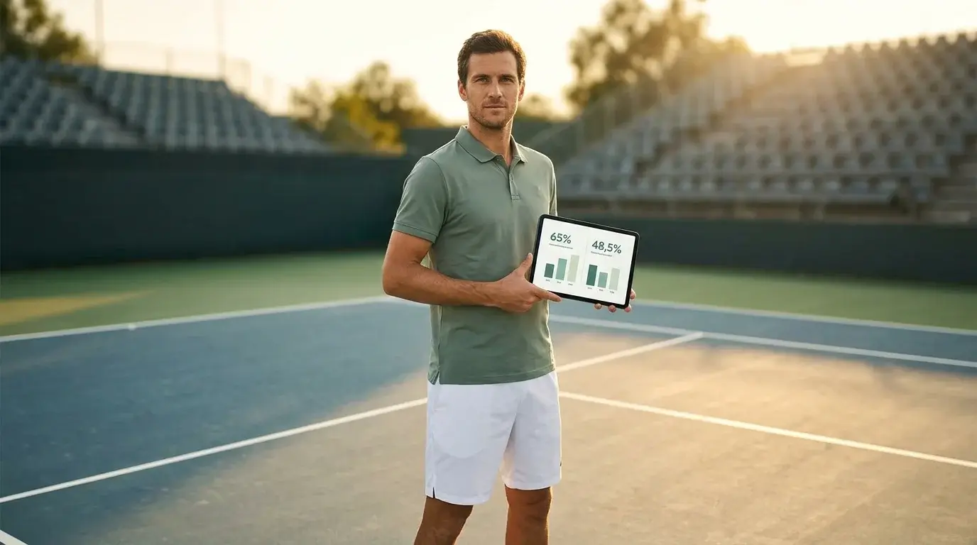 Tennisspieler auf dem Platz analysiert Statistiken auf einem Tablet vor dem Match
