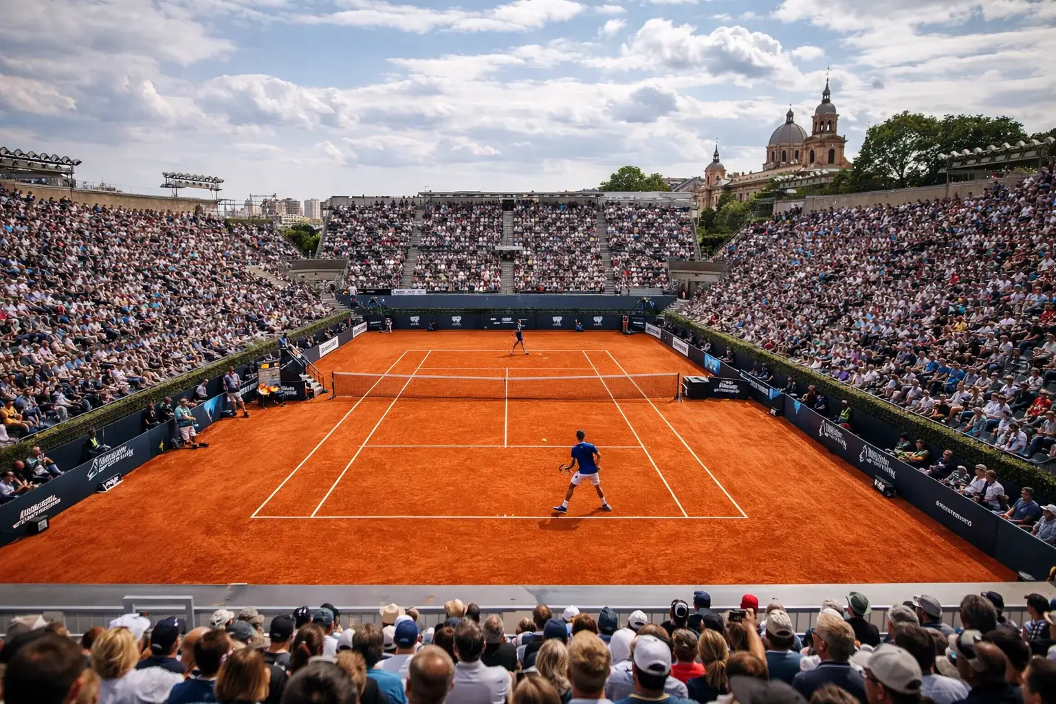 Professioneller Tennisplatz mit Zuschauertribüne während eines ATP-Turniers